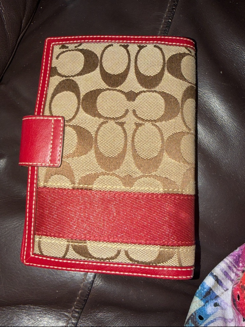 Coach Brown Signature Canvas with Red Trim Turnlock Wallet - Picture 2 of 4